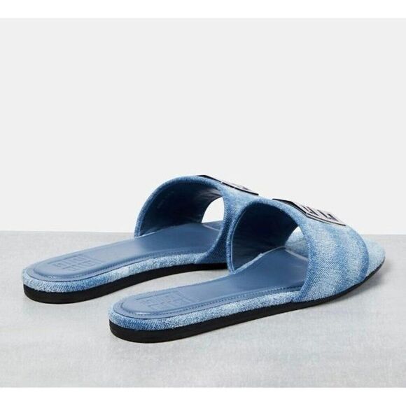 NWT GIVENCHY Light Blue Denim Silver Tone 4G Logo Flat Sandals Size EU37 - Picture 3 of 9